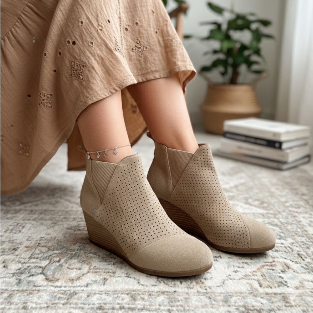 TOMS Kelsey Suede Wedge Booties Taupe Perforated Ankle Boots Women’s Size 9 - Picture 12 of 12